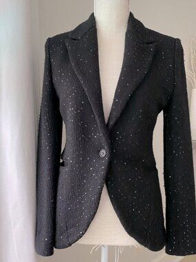 BCBGMAXAZRIA Black Sequin Wool Knit Blazer Jacket Holiday Party Evening Size S